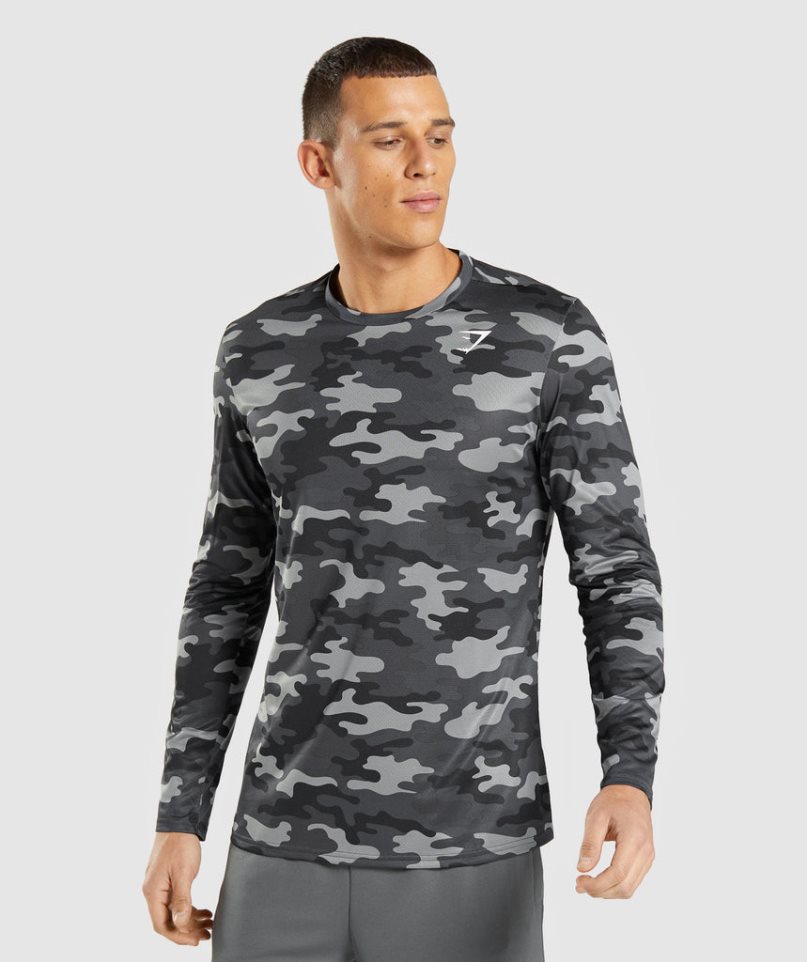 Men\'s Gymshark Arrival Long Sleeve T-Shirts Camo | CA 78N5A3